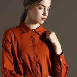 Dora Dori Rust Geometric Printed Cuffed Sleeves Thread Work Pure Cotton Shirt Dress image 2