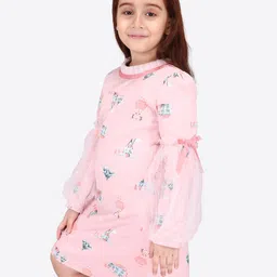 CUTECUMBER Girls Conversational Printed Puff Sleeve Net A-Line Dress image 3
