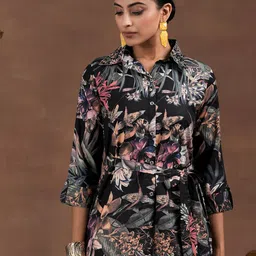 Libas Floral Printed Shirt Collar A-Line Dress With waistbelt image 3
