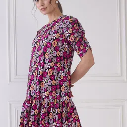 Antheaa Floral Print Puff Sleeve Crepe A-Line Dress image 3