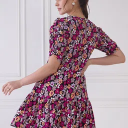 Antheaa Floral Print Puff Sleeve Crepe A-Line Dress image 4