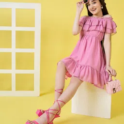 Stylo Bug Girls Off-Shoulder Flutter Sleeves Tiered Detail Chiffon A-Line Dress image 3