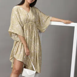 SHOWOFF Women Beige Abstract  A-Line Dress-picture-1