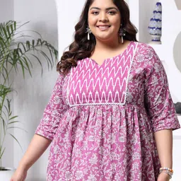 Little More By Stylum Plus Size Floral Printed Pure Cotton Empire Longline Top image 1