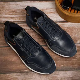 EZOK Men Blue Textured Leather Sneakers-image-66