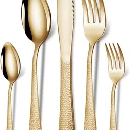 kitchantique Hammered Aurum Gold Silverware Set | 5-Piece Premium Elegant Flatware Set Stainless Steel Cutlery Set-picture-27