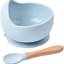 plenaro Baby Feeding Bowl and Spoon Set, Silicone Suction Base and Wooden Spoon - Silicone image 1