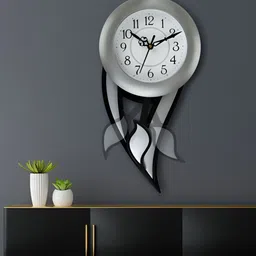 Attractionz Silver-Toned & Black Textured Round Analogue Pendulum Contemporary Clocks-image-86