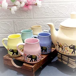 laxmi creation Pack of 7 Ceramic Camel multicolour Design Tea Cup Set With Kettle image 2