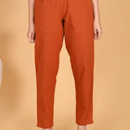 fiona Women Straight Fit Orange Pure Cotton Trousers-picture-21