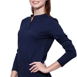 ap'pulse Women Solid Mandarin Collar Pure Cotton Dark Blue T-Shirt image 3