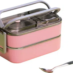 forsquare Double Layer Leakproof Stainless Steel Tiffin Lunch with Spoon & Handle Pink 1 Containers Lunch Box-picture-36