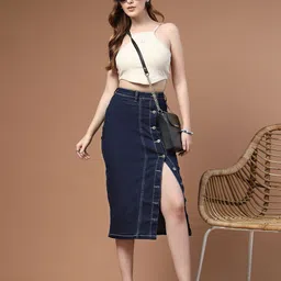 style quotient Women Solid A-line Dark Blue Skirt image 4