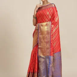 Silk Land Red & Blue Ethnic Motifs Zari Silk Blend Banarasi Saree-image-86