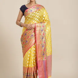 Silk Land Yellow & Red Ethnic Motifs Zari Silk Blend Banarasi Saree-picture-35