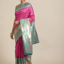 Silk Land Magenta & Teal Ethnic Motifs Zari Art Silk Banarasi Saree-image-56