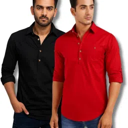 Pack of 2 Men Solid Pure Cotton Straight Kurta-image-15
