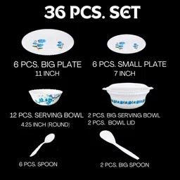 areum house Pack of 36 Plastic Elegant White Dinner Set with Blue Floral Design Dinner Set image 3