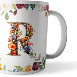 morons Printed Letter R Floral Design - Alphabet Customised Ceramic Coffee Mug image 1