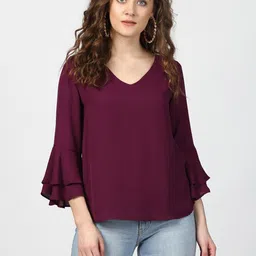 harpa Casual Bell Sleeves Solid Women Maroon Top-picture-17