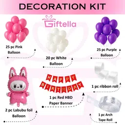 giftella Solid Purple, Pink & White Balloon with Red Birthday Banner and Labubu Foil Balloon image 2