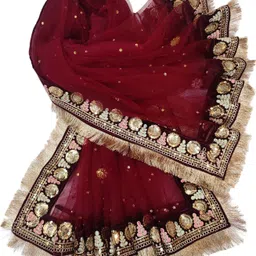 navti creations Net Embroidered Maroon Women Dupatta image 3