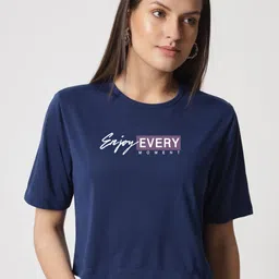 styrox Women Typography Round Neck Cotton Blend Navy Blue T-Shirt-picture-22