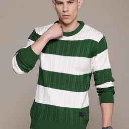 roadster Men Striped Round Neck Green Sweater-picture-26
