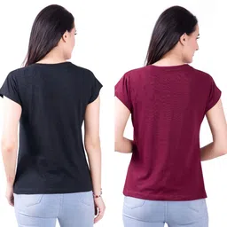 fashinks Pack of 2 Women Solid V Neck Cotton Blend Black, Maroon T-Shirt image 2