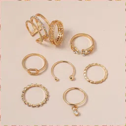 thevinegirl 8 Pcs White Crystal Drop Heart Ring Set For Women And Girls Alloy Cubic Zirconia Gold Plated Ring Set-picture-11