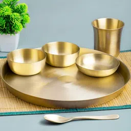 Pack of 6 Bronze High Quality 11.5" Kansa Thali set Bronze Utensils and Serving Tray Dinner Set-image-20