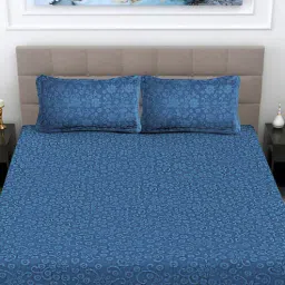 fabinaliv Blue Floral 300 TC Woollen Fitted Double Bedsheet with 2 Pillow Covers-picture-34