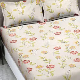 FABINALIV Cream-Coloured & Yellow Floral Printed 300 TC King Bedsheet with 2 Pillow Covers image 2