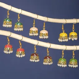 OOMPH Gold-Toned & Green Set Of 6 Dome Shaped Jhumkas Earrings-picture-35