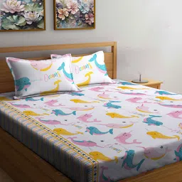 FABINALIV Pink & Blue Cartoon Characters 300 TC King Bedsheet with 2 Pillow Covers image 1