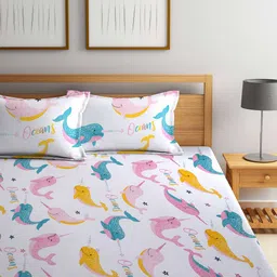 FABINALIV Pink & Blue Cartoon Characters 300 TC King Bedsheet with 2 Pillow Covers image 2