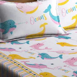 FABINALIV Pink & Blue Cartoon Characters 300 TC King Bedsheet with 2 Pillow Covers image 3