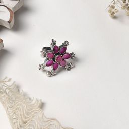 TEEJH Oxidised Silver-Plated Pink Stone-Studded Finger Ring-picture-34
