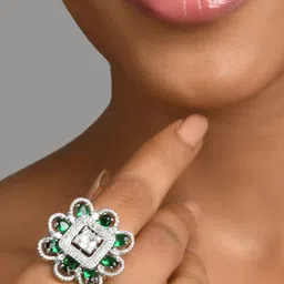 Fida Silver-Plated Green American Diamond Studded Finger Ring-picture-14