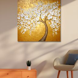 OLIVE TREE Gold-Toned & White Floral Canvas Painting Wall Art-picture-32