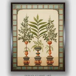 INDIAN CLASSIC ART Beige & Green Wooden Botanical Painting Wall Art-picture-32