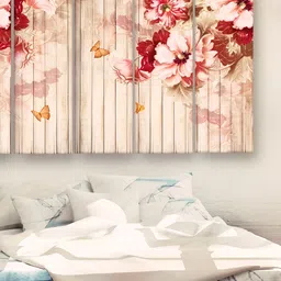 Casperme 5 Pieces Cream & Red Floral and Botanical Wooden Modern Art Big Wall Painting-picture-27