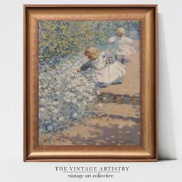 THE VINTAGE ARTISTRY Brown & Blue Picking Flowers Painting Wall Art-picture-24