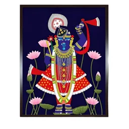 INDIAN CLASSIC ART Navy Blue & Red Wood Painting Folk Wall Art image 2