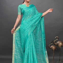 Mitera Turquoise Blue & White Ethnic Motifs Zari Block Print Saree image 2