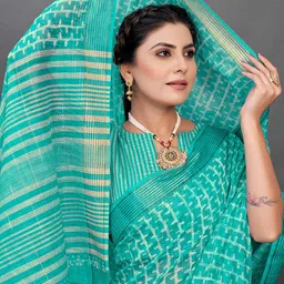 Mitera Turquoise Blue & White Ethnic Motifs Zari Block Print Saree image 4