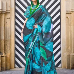 Mitera Black & Blue Satin Bagru Saree image 1