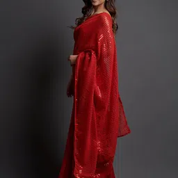 Mitera Red Sequinned Embellished Pure Georgette Saree image 3