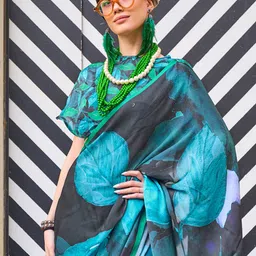 Mitera Black & Blue Satin Bagru Saree image 4