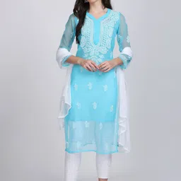 KHAKA V Neck Ethnic Motifs Embroidered Chikankari Straight Kurta-picture-17